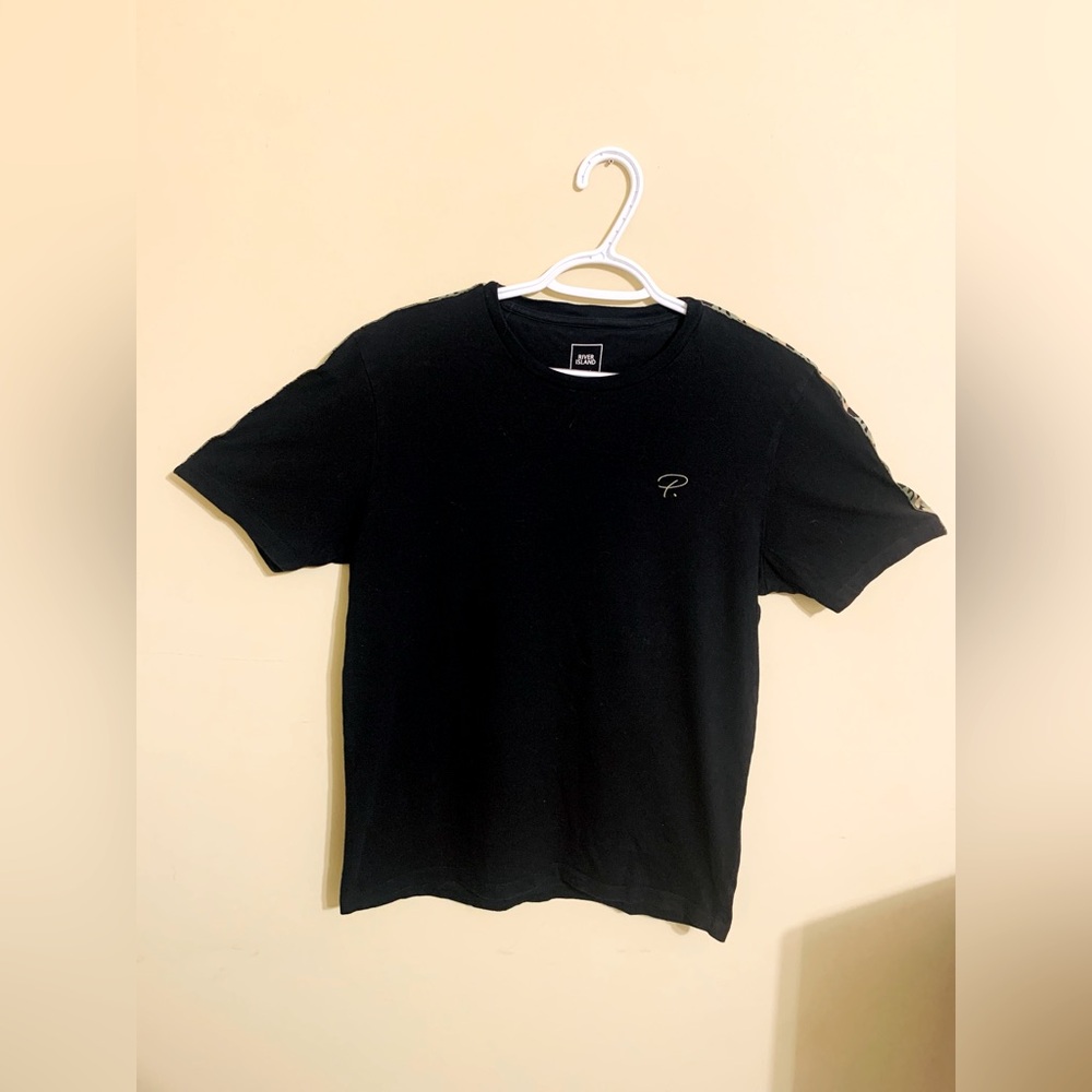 River Island Men's Black Logo Embroidered Print Camo Tape Sleeve T-Shirt
